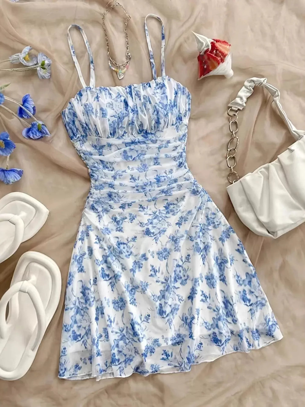 Floral Ruched Spaghetti Strap Mini Dress