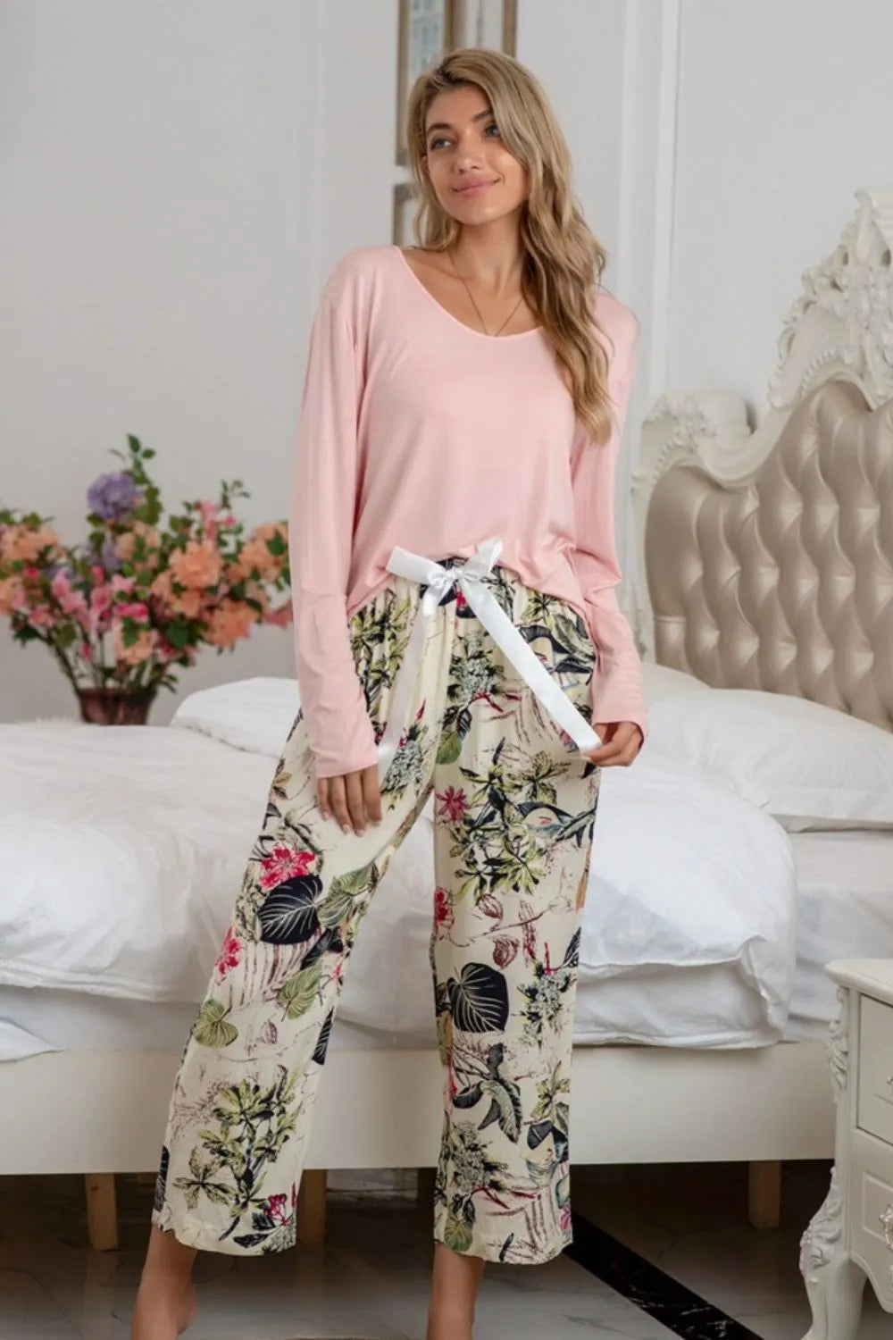 Round Neck Top and Printed Pants Lounge Set selected from Coordinated Sets for Two Pieces, One Point of View: The Coordinated Set Edit