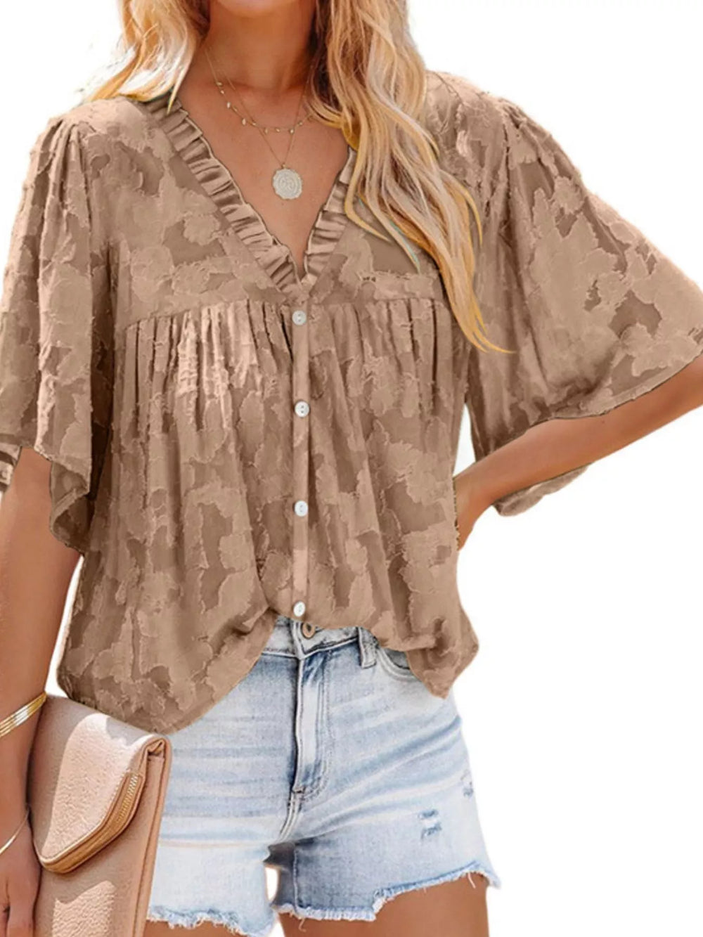 Full Size Textured V Neck Button Down Shirt Plus Size