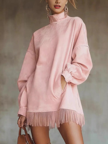 Full Size Mock Neck Fringed Hem Long Sleeve Mini Dress Plus Size