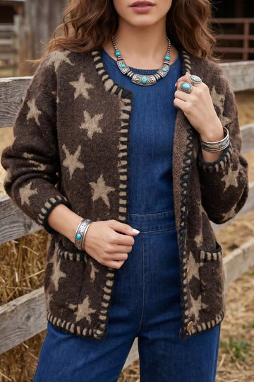 Stars Pattern Colorblock Long Sleeve Shift Cardigan