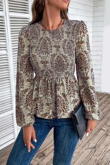Perfee Smocked Printed Balloon Sleeve Blouse