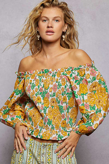 POL Floral Print Off Shoulder Smocked Blouse