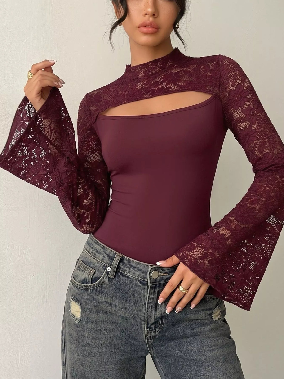 Lace Cutout Flare-Sleeve Bodysuit