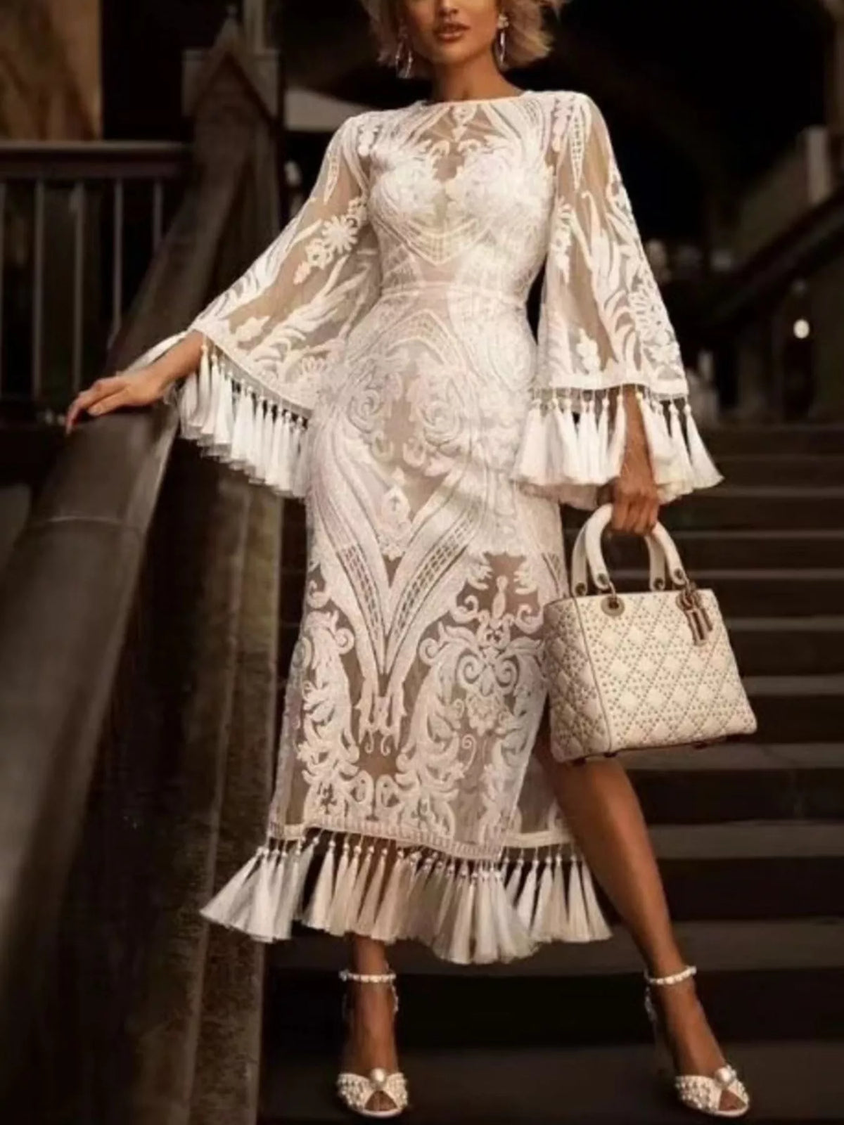 Tassel-Hem Lace Flare-Sleeve Dress