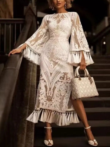 Tassel Hem Lace Flare Sleeve Dress