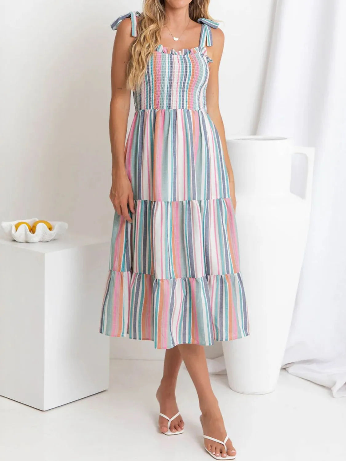 Contrast Striped Square Neck Midi Cami Dress