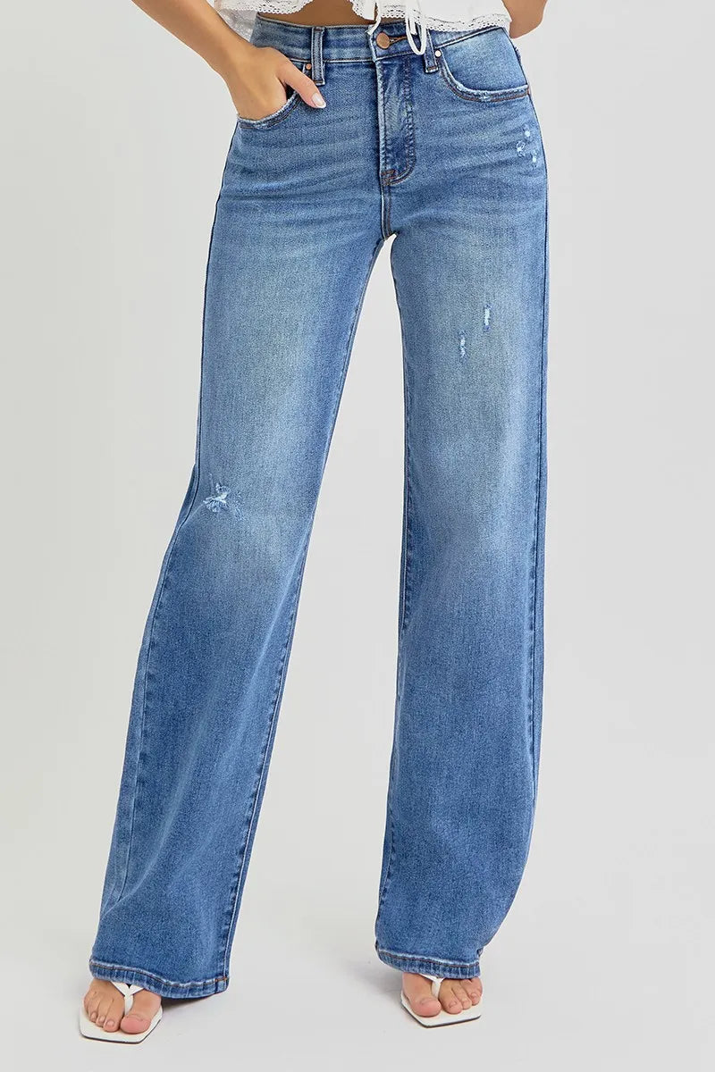 RISEN Full Size Tummy Control Elastic Band High Rise Wide Jeans Plus Size