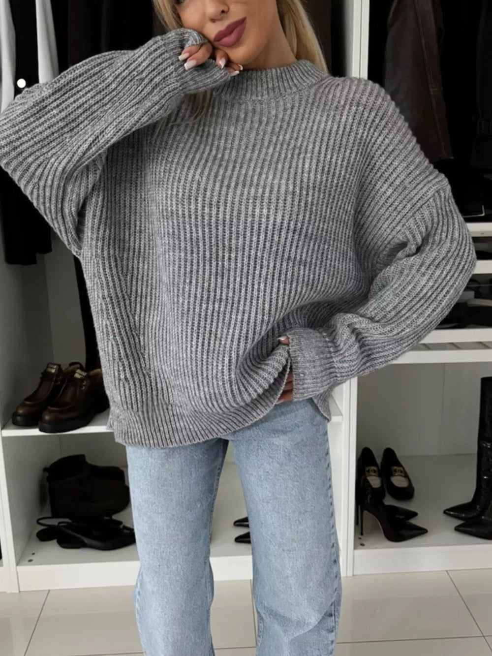 Ribbed Knit Crew Neck Sweater