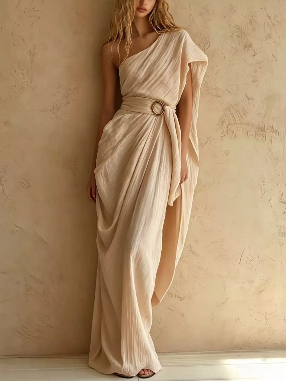 One-Shoulder Draped Maxi Dress with Waist Buckle