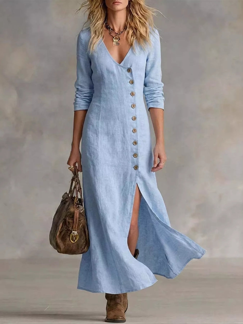 Button Front Slit Maxi Dress