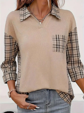 Plaid Johnny Collar Three-Quarter Sleeve T-Shirt