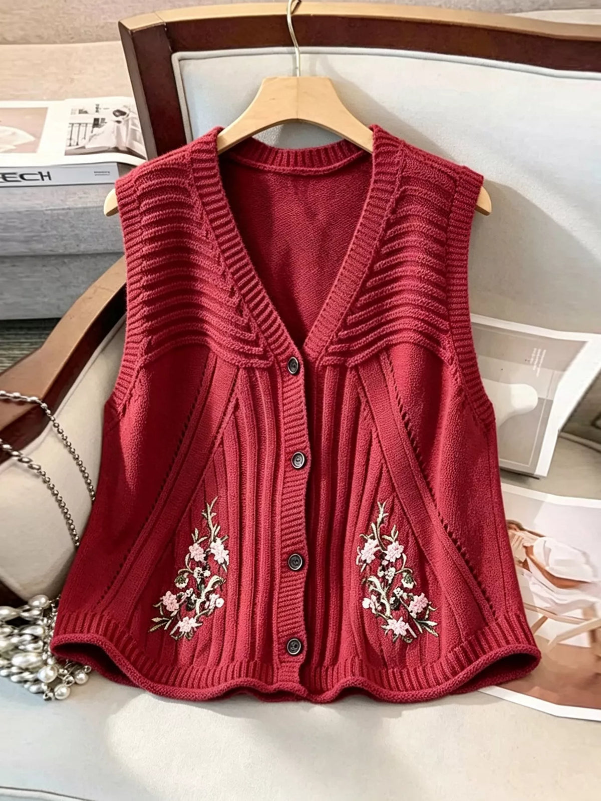Floral Embroidered V-Neck Button-Down Sweater Vest