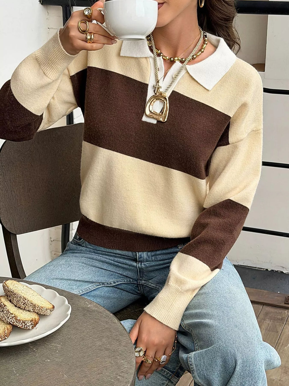 Color Block Polo Collar Knit Sweater
