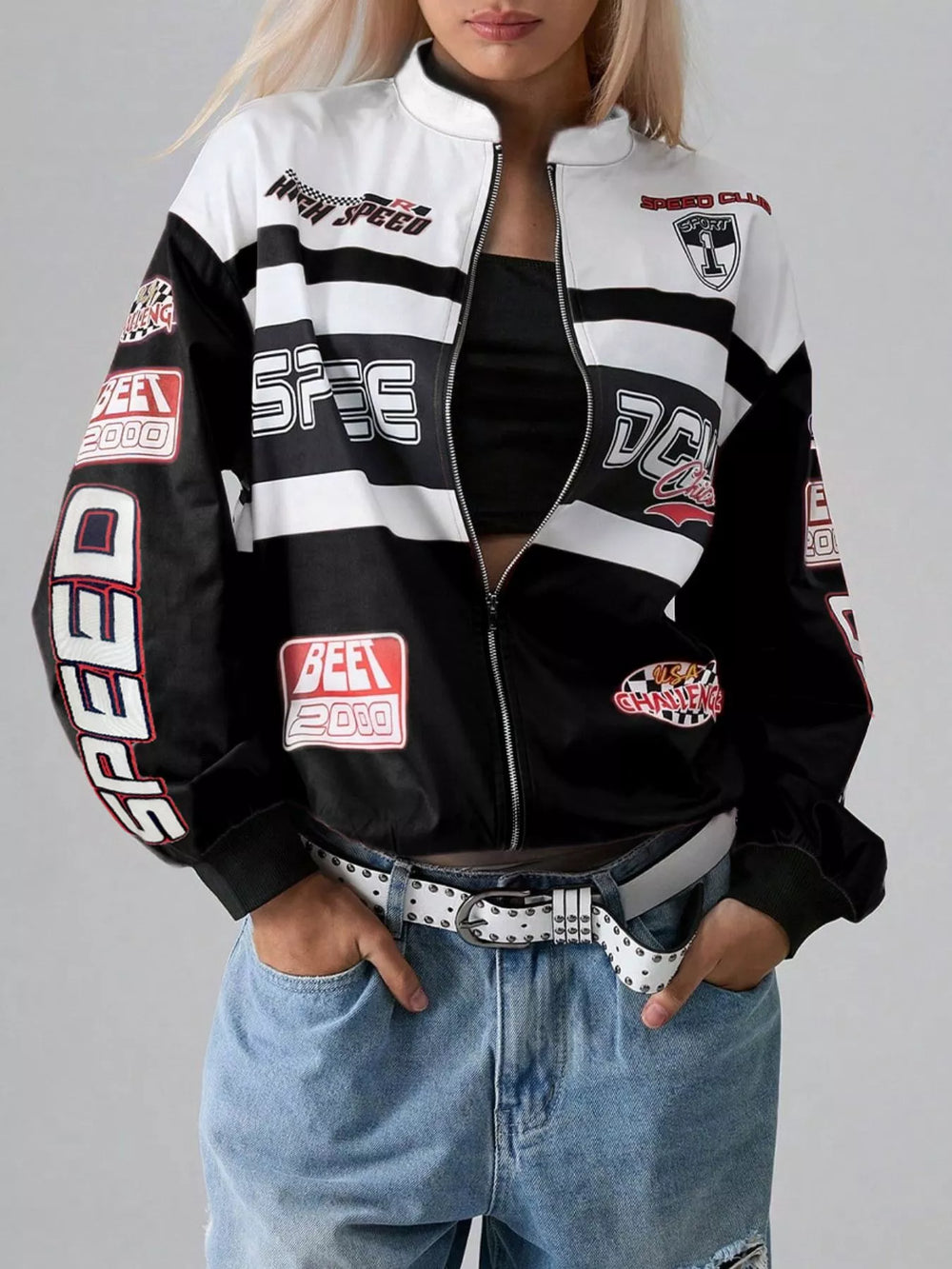Letter Zip Up Dropped Shoulder Jacket