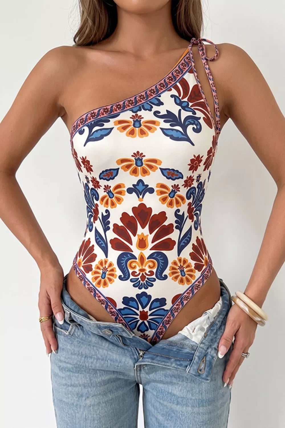 Floral One Shoulder Tie Bodysuit