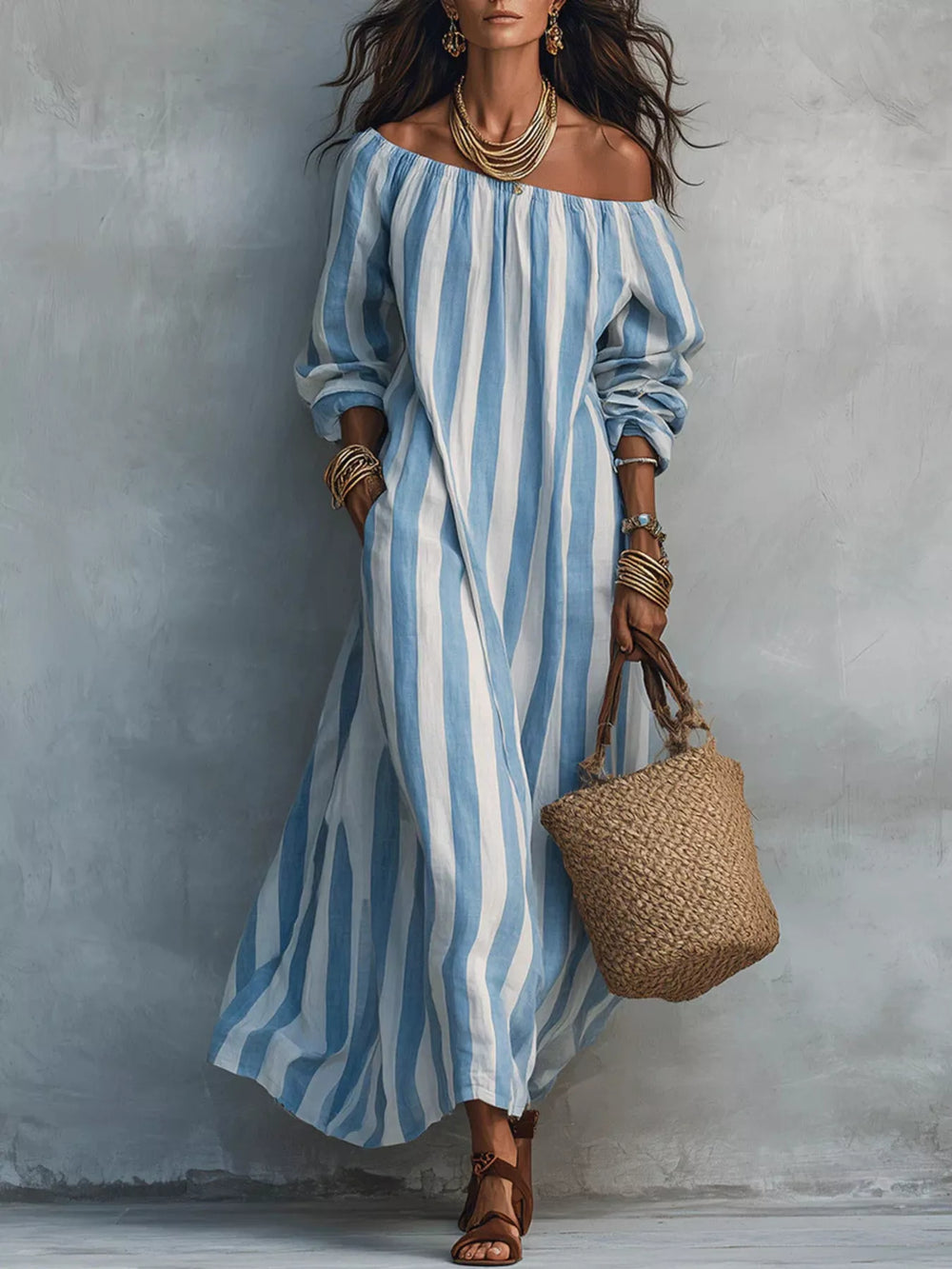 Off-Shoulder Striped Maxi Dress