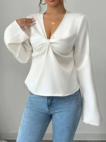 V Neck Twist Front Long Sleeve Blouse