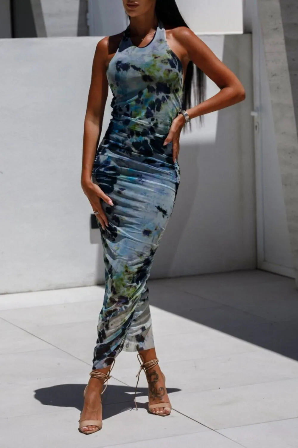 Backless Printed Halter Neck Maxi Dress