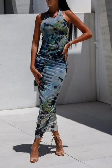 Backless Printed Halter Neck Maxi Dress