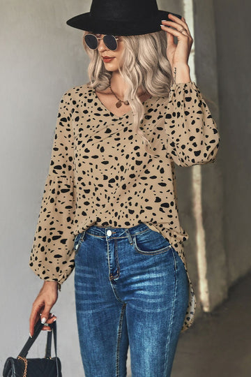 Animal Print V Neck High Low Blouse