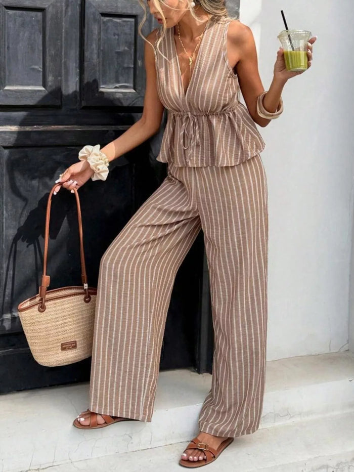Striped Sleeveless Top & Wide-Leg Pants Set