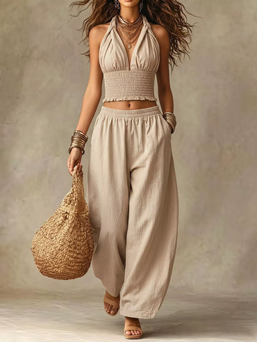 Halter Neck Crop Top and Wide-Leg Pants Two-Piece Set