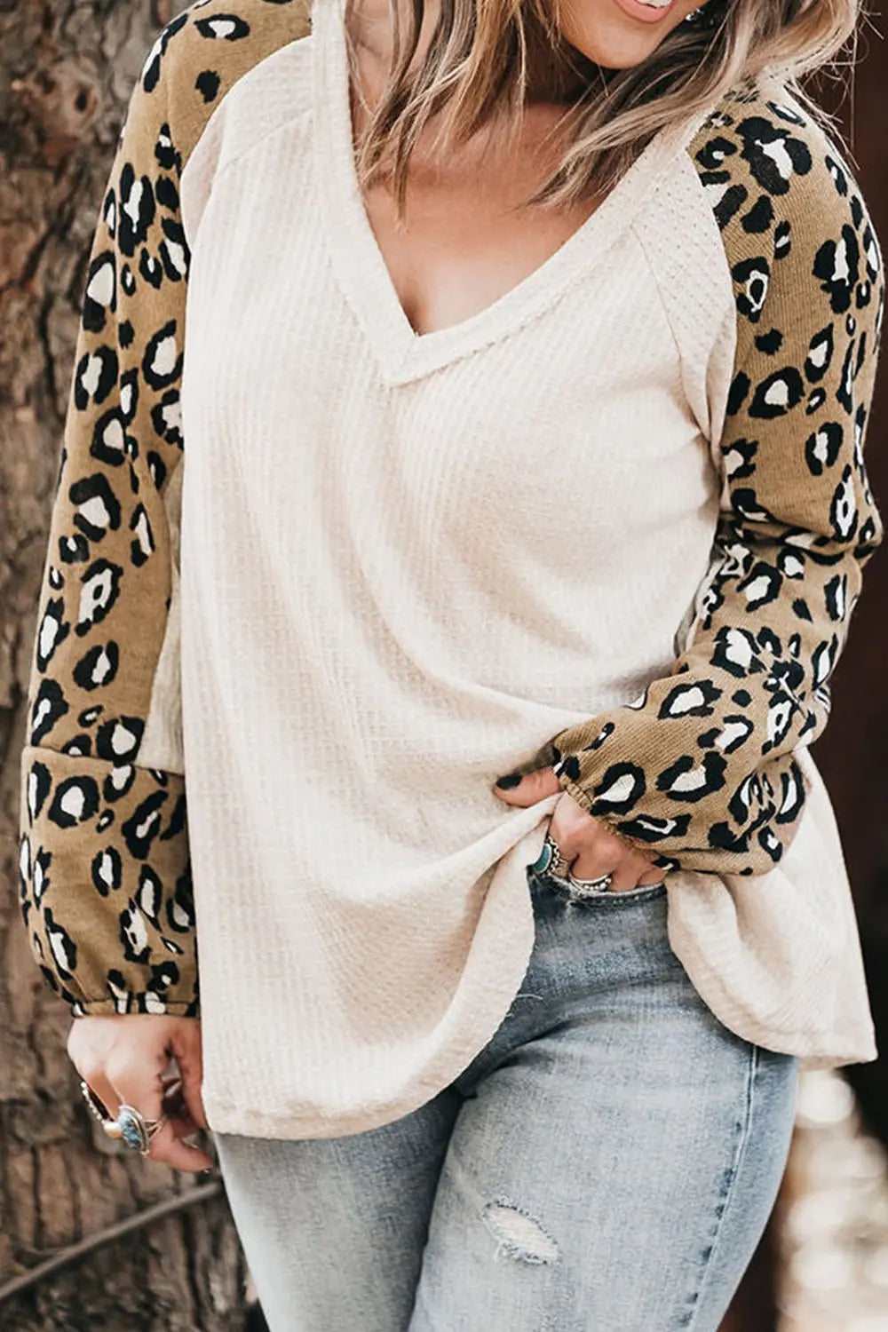 Plus Size Leopard V Neck Raglan Sleeve Blouse