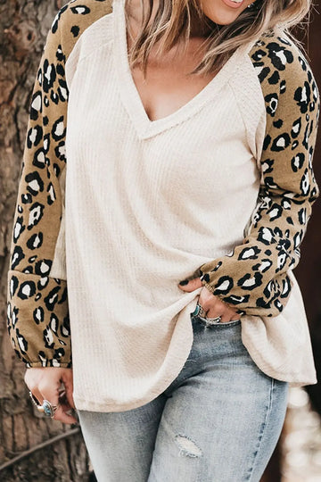 Plus Size Leopard V Neck Raglan Sleeve Blouse