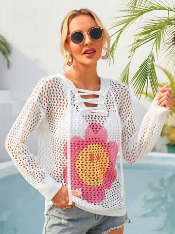 Angel Wings Flower Graphic Lace Up Openwork Hooded Cover Up
