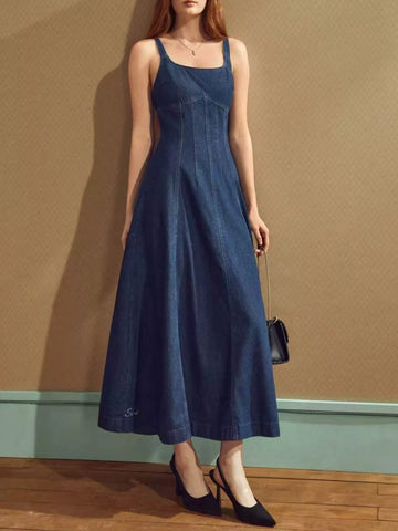 Square Neck A Line Denim Dress