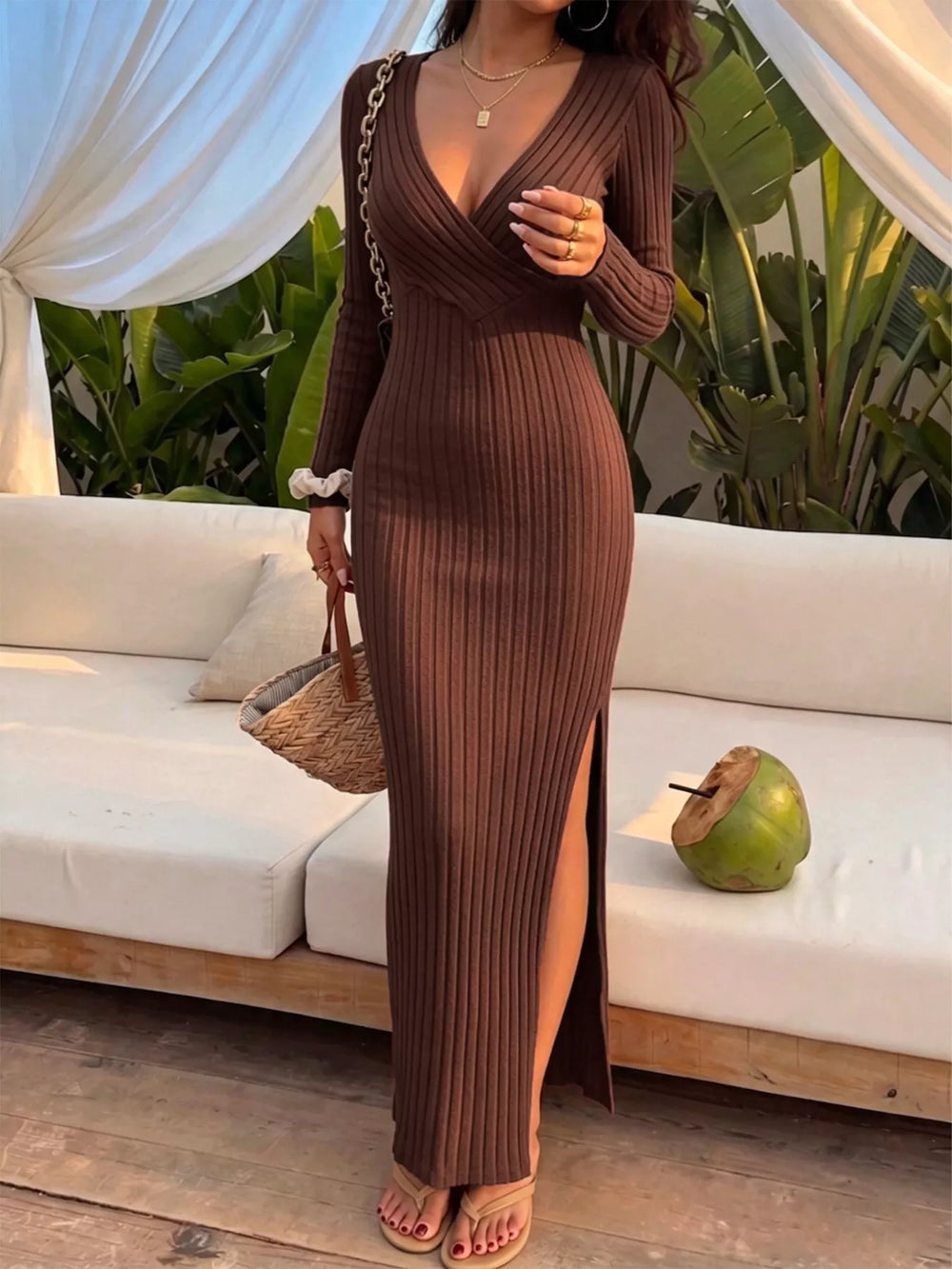 Slit Long Sleeve Ribbed Knit Maxi Dress