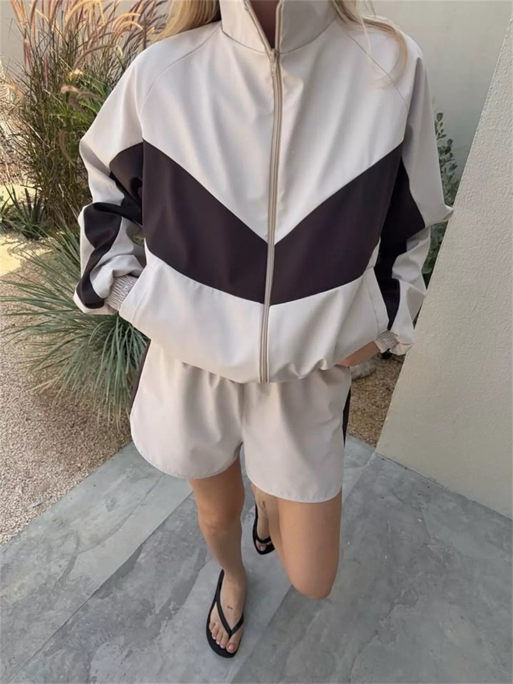 Color Block Zip Up Outerwear and Shorts Set