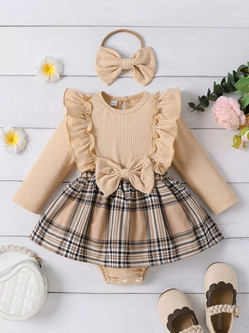 Children's Ruffle Trim Plaid Dress with Headband Set