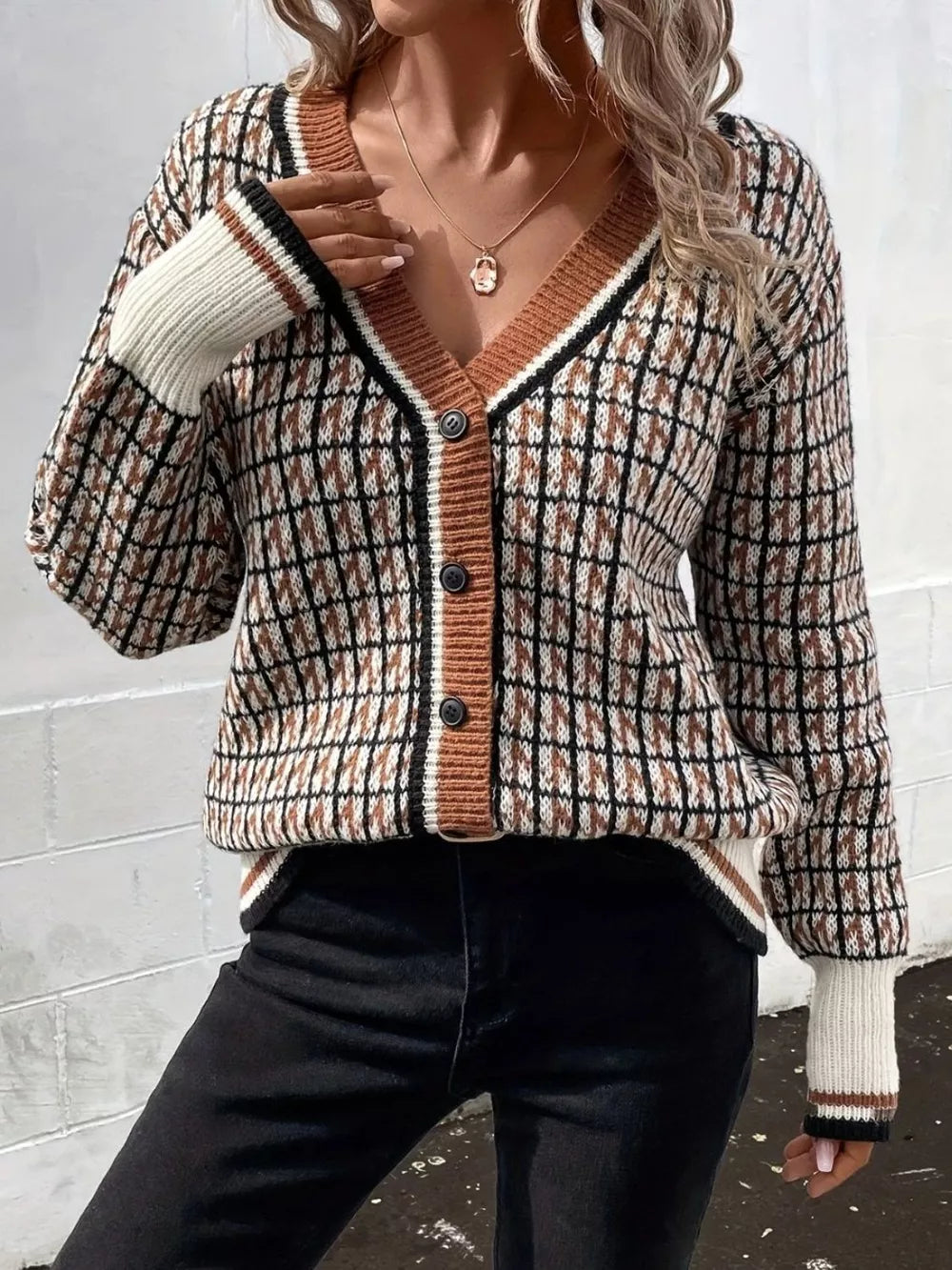 Plaid V Neck Button Up Cardigan