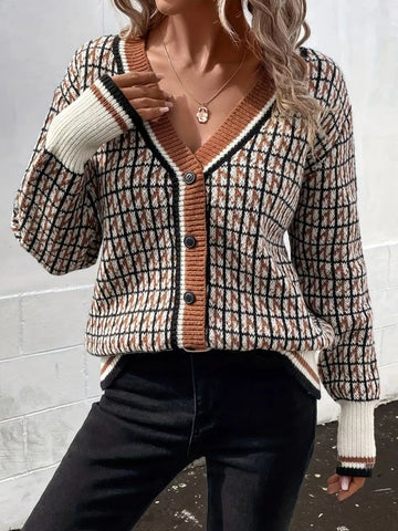 Plaid V Neck Button Up Cardigan