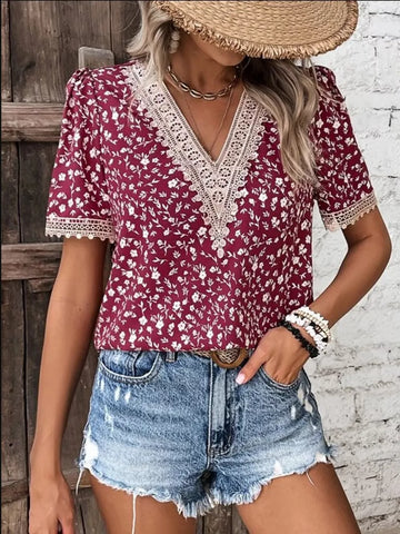 Full Size Printed V Neck Short Sleeve Blouse