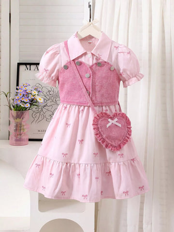 Children's Bow Print Puff Sleeve Dress and Vest Set with Heart Bag