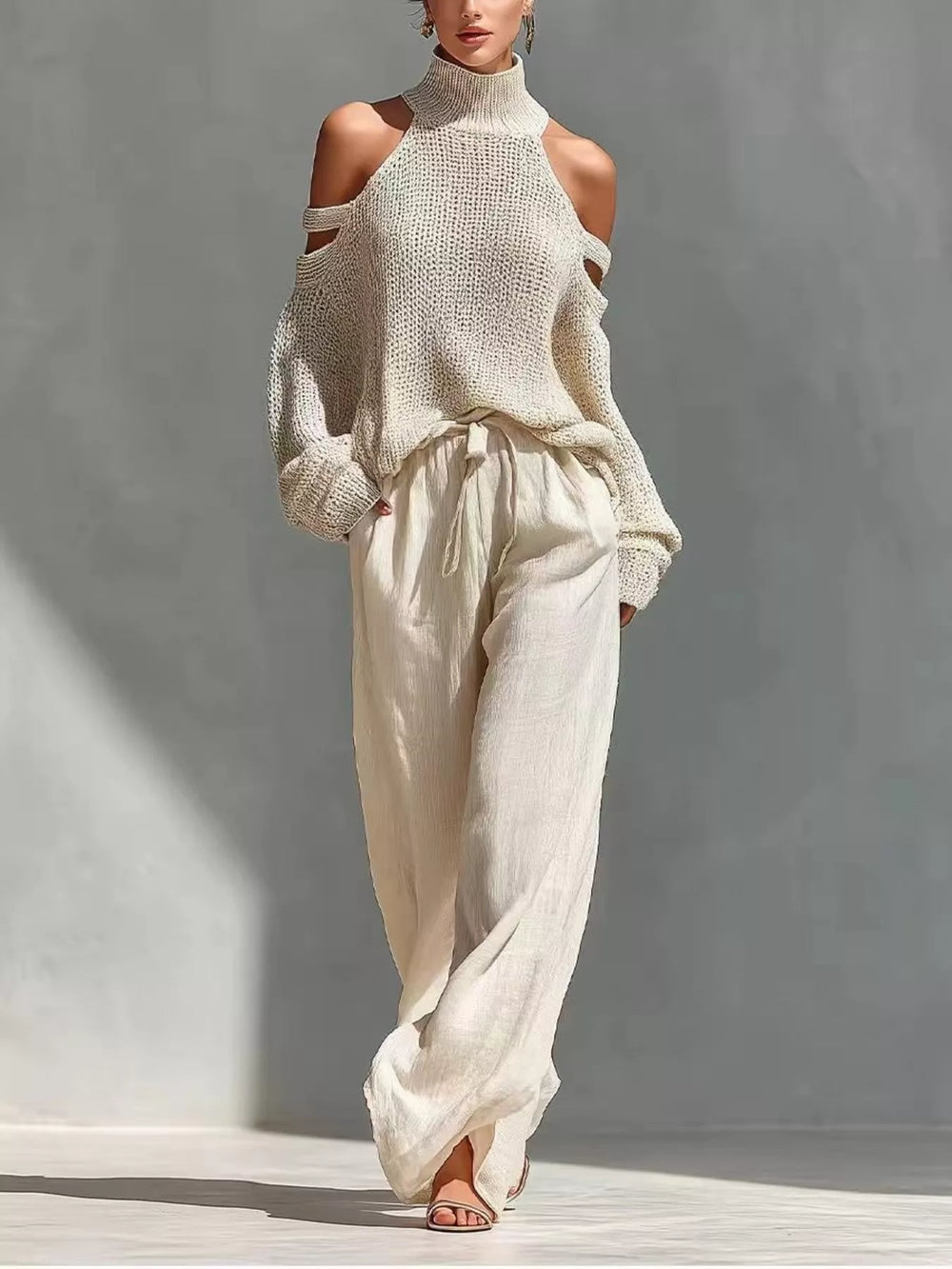 Cold Shoulder Turtleneck Top and Wide-Leg Pants Set