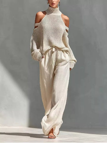 Cold Shoulder Turtleneck Top and Wide-Leg Pants Set