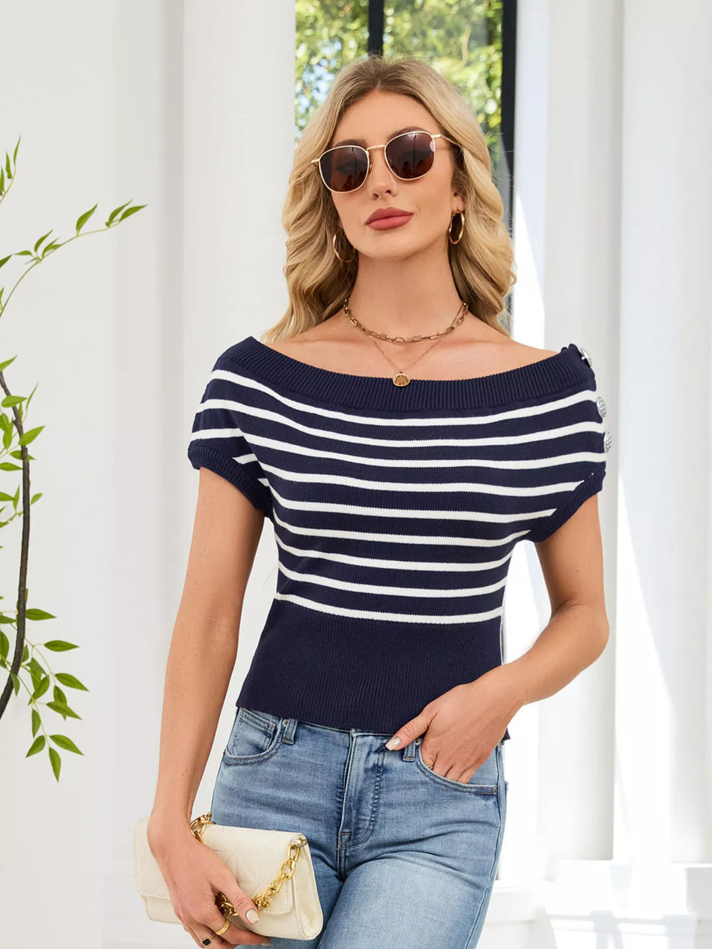Striped Short Sleeve Sweater