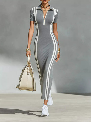Full Size Contrast Stripes Short Sleeve Midi Dress Plus Size